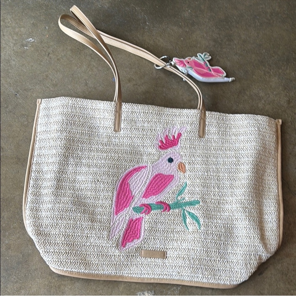 Vera Bradley Straw Tote Bag with Pink Parrot Design